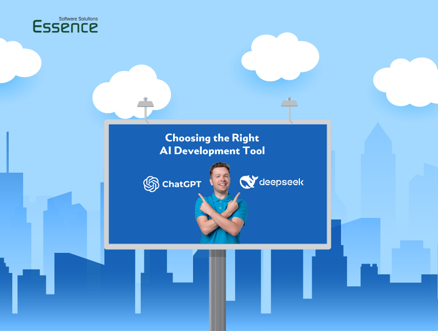 Choosing the Right AI Development Tool - Comparison of ChatGPT vs DeepSeek AI on a billboard with a smiling man crossing his arms, set against a blue cityscape background with clouds.