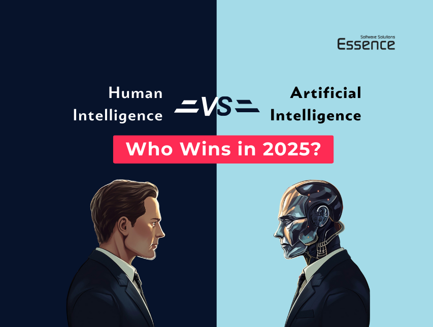 AI vs Human Intelligence: Who Wins in 2025? A futuristic comparison of human intelligence and artificial intelligence featuring a business professional facing off against a humanoid robot. Designed by Essence Software, a leading web development company in India.